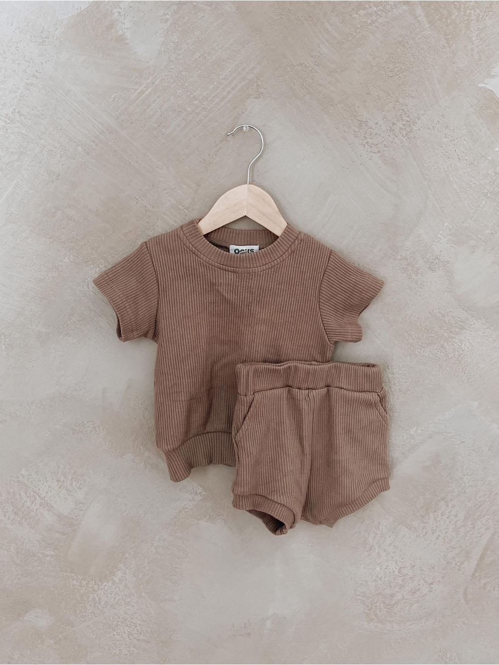 Oaks Ribbed Short Sleeve Top & Shorts Set - taupe 3T